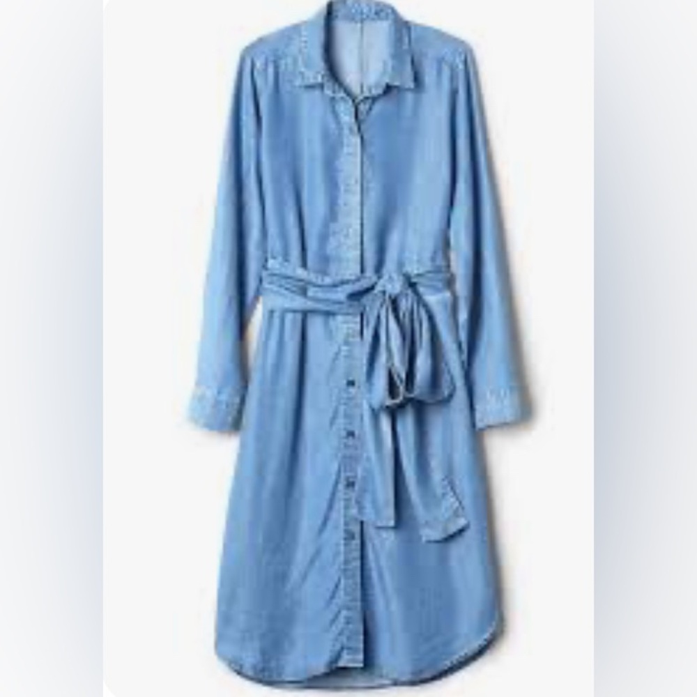 GAP Tencel Tie Waist Midi denim look Long Sleeve Shirt Dress Sz Small